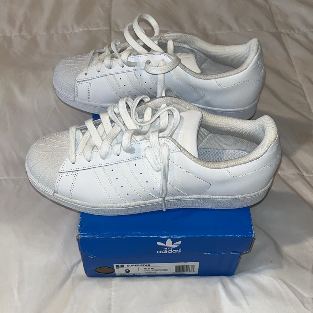 All White Adidas Superstar Shell Toe Sneakers Men's Size 9 - Picture 2 of 6